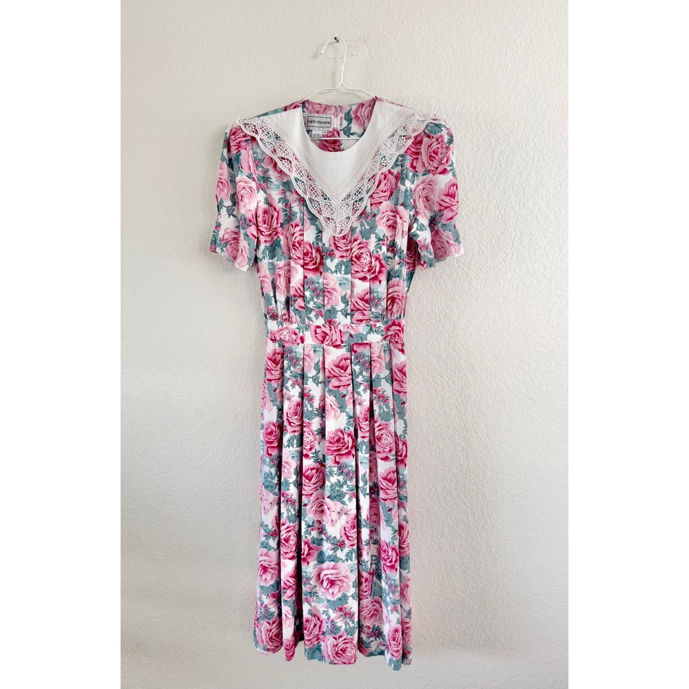 Karin Stevens Floral Midi Dress Womens 8 Rose Print Lace Collar 80s Vintage Pink